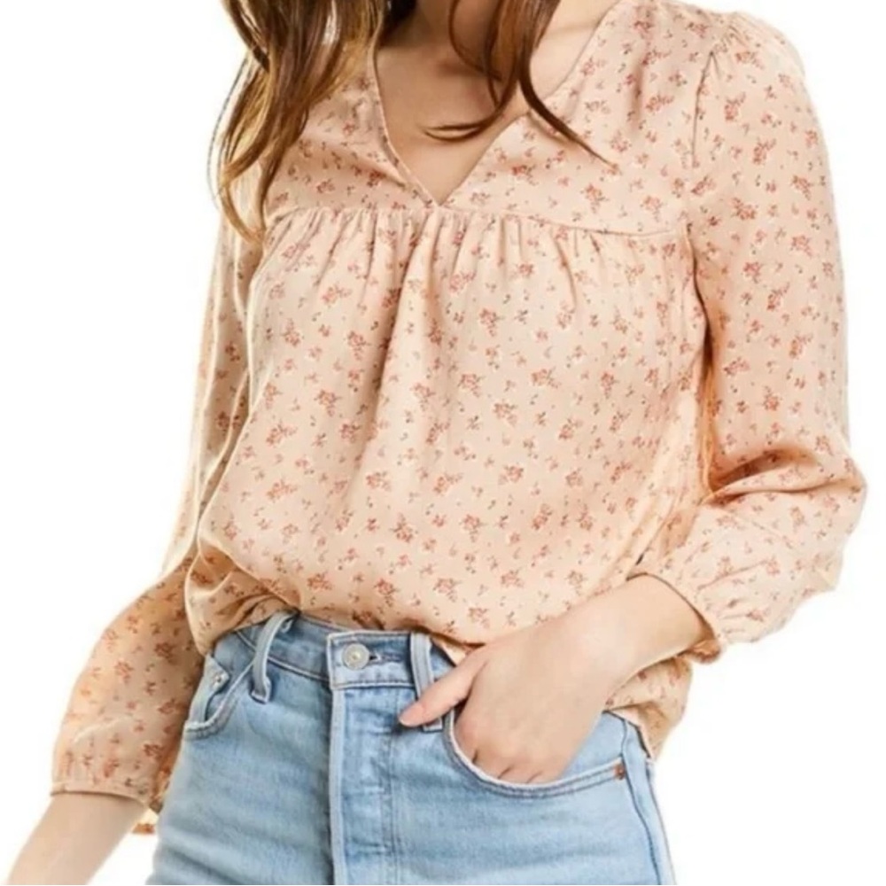 Madewell Peach Floral V-Neck Long-Sleeve Blouse